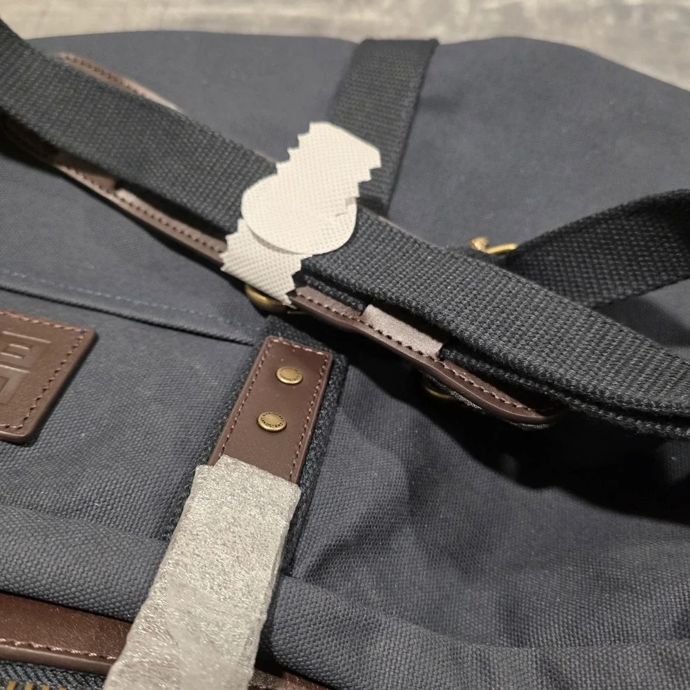 Lands End Navy Blue Canvas & Brown Leather Weekender Duffle Bag Tote NEW